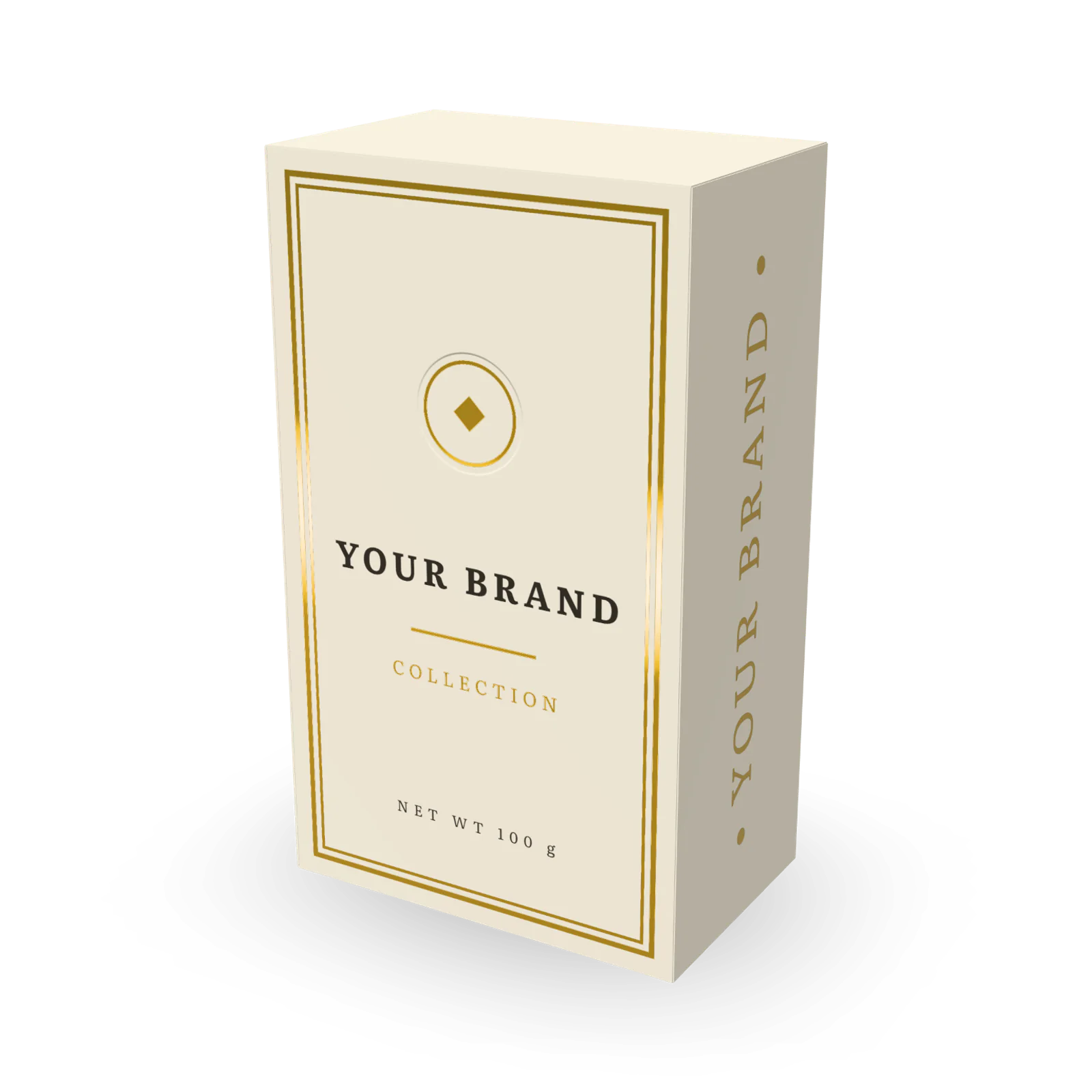 A cream box with a gold foil frame and emblem, the brand's name in spaced capitals across its front.